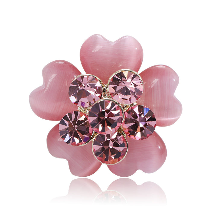 Pink Cat Eye Petal Flower Brooch Rhinestone Center Style