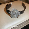 Black Belt Bracelet With Large Silver Tone Crystal Rose Center view 4