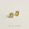 Silver Tone Yellow Rectangle Stone Clear Halo Stud Earrings view 4