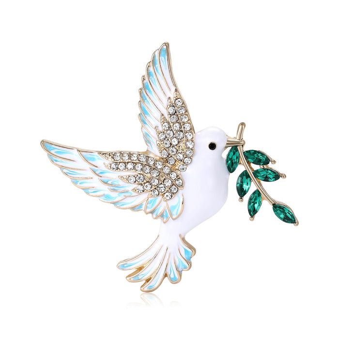 White Enamel Dove Brooch Olive Branch Rhinestone Wings