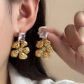 Clear Rectangular Crystal and Flower Drop Earrings in Gold Tone view 4