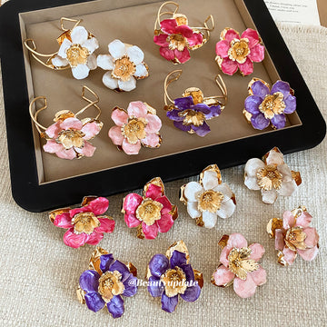 Gold Enamel Ruffled Flower Open Cuffs Rings Earrings Multi Colors