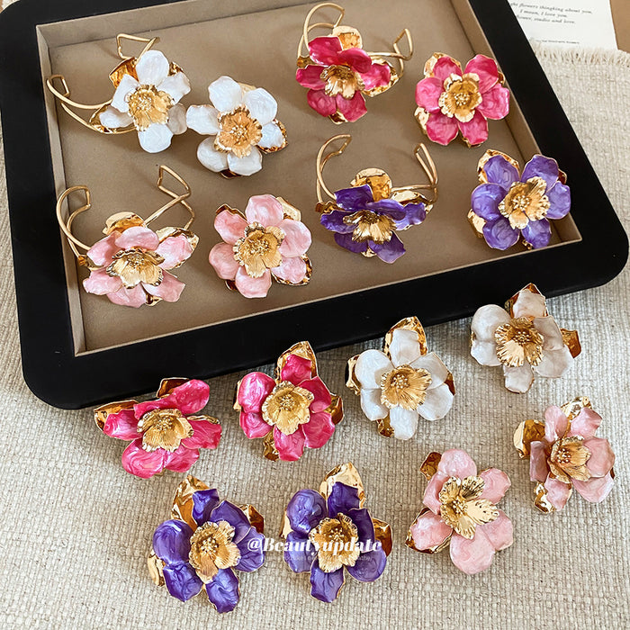 Gold Enamel Ruffled Flower Open Cuffs Rings Earrings Multi Colors
