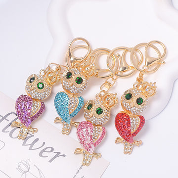 Rhinestone Owl Keychain Gold Crown Crystal Animal Charm