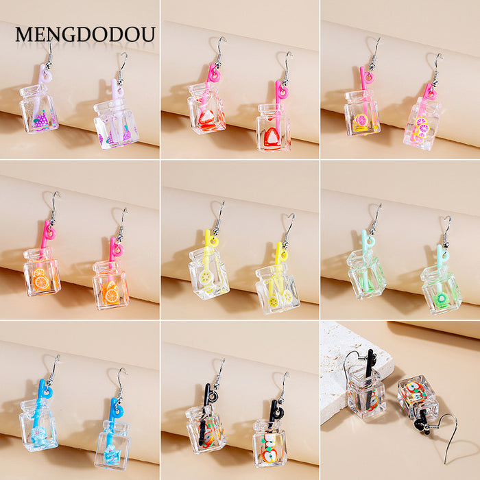 Four Colorful Fruit Drink Cup Novelty Long Hook Earrings