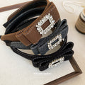Flocked Bow Headband Square Rhinestone Buckle Gray view 2