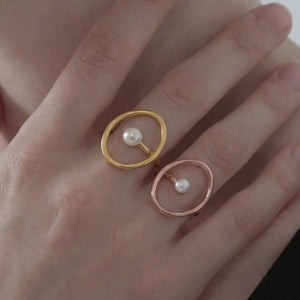 Open Oval Geometric Ring White Pearl Accent Gold Rose Steel