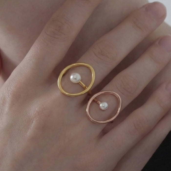 Open Oval Geometric Ring White Pearl Accent Gold Rose Steel