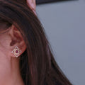 Gold Tone Open Flower Red Center Clear Pavé Stud Earrings view 3