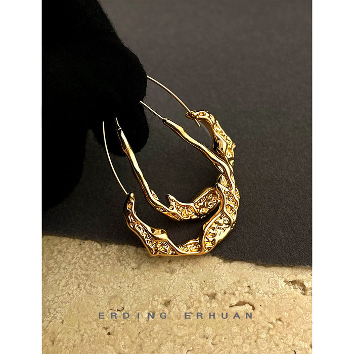 Gold Textured Wrinkle Irregular Teardrop Open Hoops