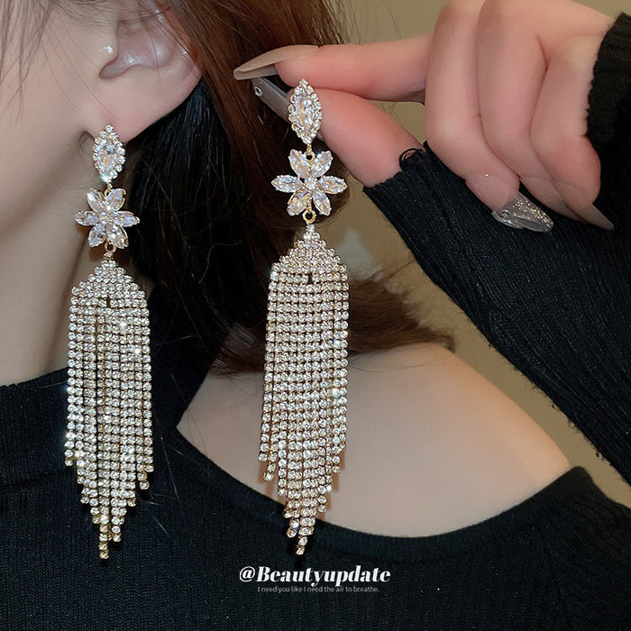 Crystal Flower Long Fringe Statement Drop Earrings