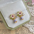 Gold-Tone Enamel Daisy Clear Stone Purple Bell Drop Earrings view 1