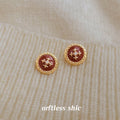Gold-Tone Round Brown Enamel Fleur-de-Lis Stud Earrings view 1