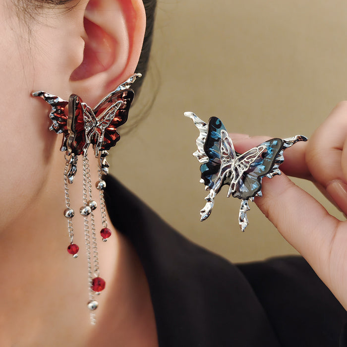 Blue and Red Layered Butterfly Chain Tassel Stud Earrings