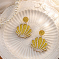 Pink Glitter Seashell Drop Earrings Round Post Silver Outline view 2