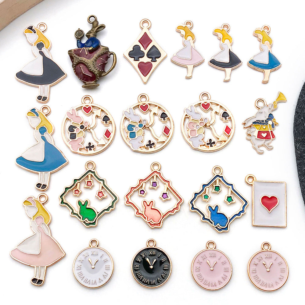 Enamel Zinc Alloy Alice Theme Round Disc Charm Pendant for DIY Bracelet Necklace Jewelry