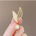 Gold Tone Mother Of Pearl Leaf Brooch With Pearl Drop view 3