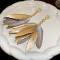 Gold and Brown Layered Feather Drop Earrings with Round Studs view 2