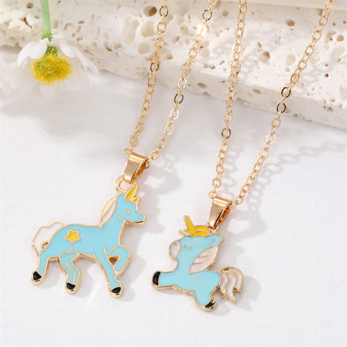Gold Tone Blue Enamel Unicorn Pendant Necklaces in Two Designs