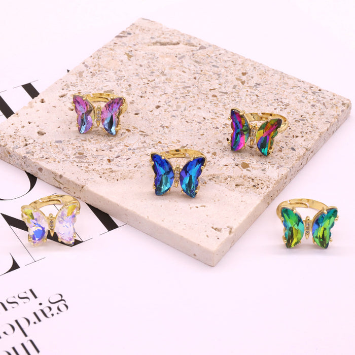 Gold Tone Faceted Crystal Butterfly Adjustable Rings in Five Colors