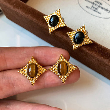 Gold-Tone Diamond-Shaped Stone Stud Earrings - 2 Styles