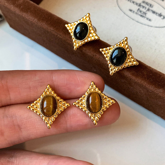 Gold-Tone Diamond-Shaped Stone Stud Earrings - 2 Styles