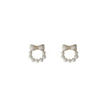 White Enamel Bow Pearl Circle Stud Earrings Gold Tone view 5