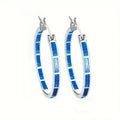 Rectangular Blue Inlay Hoop Earrings In Gold And Silver Tones view 5
