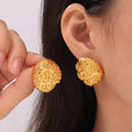 Embossed Flower Oval Stud Earrings Gold Or Steel Finish view 1