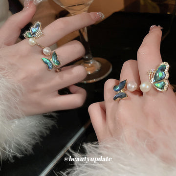 Gold Tone Iridescent Butterfly And Pearl Like Open Ring