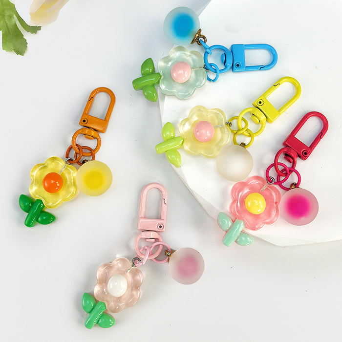 Resin Flower Keychain With Frosted Ball Bead And Colored Swivel Clasp