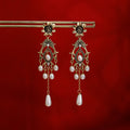 Antique Gold Flower Pearl Look Long Chandelier Earrings view 2