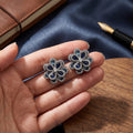 Blue Floral Crystal Look Silver Tone Statement Stud Earrings view 2
