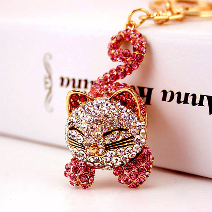 Rhinestone Sleeping Cat Kitten Keychain Purse Charm for Women