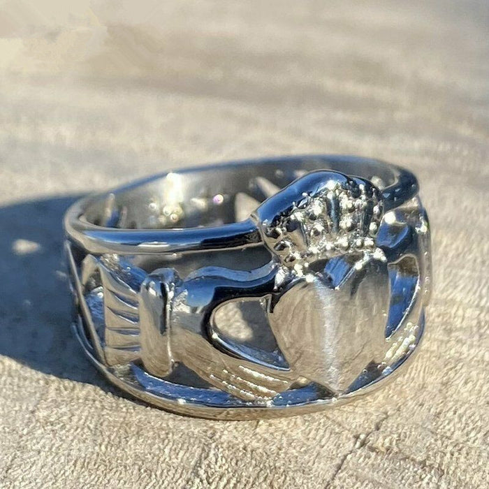 Silver Claddagh Heart Crown Hands Polished Band Ring