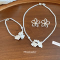 Silver Open Flower Studs Pearl White Flower Necklace Bracelet Three view 3