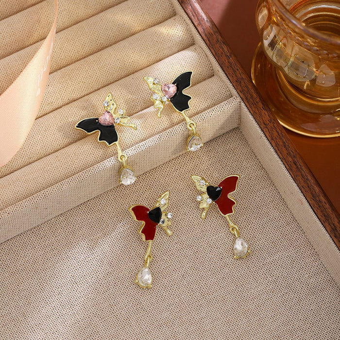 Red and Black Mismatched Fairy Butterfly Teardrop Stud Earrings