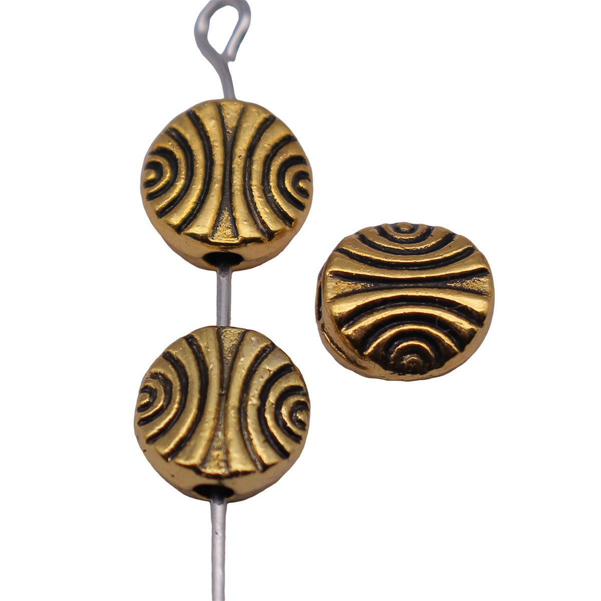 7.8x7.8x3.6mm 0.71g Antique Gold Zinc Alloy Arc Texture Round Flat Loose Metal Beads for Jewelry Making