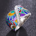 Multicolor Enamel Mosaic Crossover Wide Ring In Silver Tone view 3