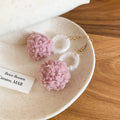 Fuzzy Double Pom Pom Drop Earrings in Pink and Gray view 6