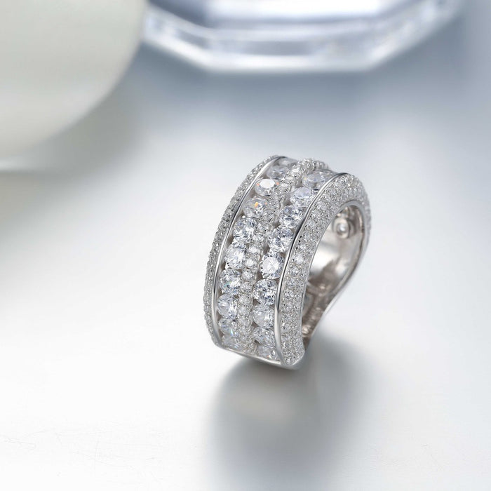 Silver Double Row Clear Pave Wide Band Ring Alloy S925