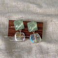 Ice Green Square Stud Earrings Clear Iridescent Drop view 6