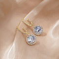 Gold Halo Round Clear Crystal Drop Earrings Lever Backs view 2