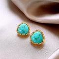 Turquoise Blue Triangle Stud Earrings With Gold Tone Beaded Edges view 3