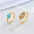 Gold Tone Multicolor Lash and Round Blue Evil Eye Adjustable Rings view 1