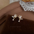 Gold Tone Clear Leaf Bow And Teardrop Stone Stud Earrings view 4