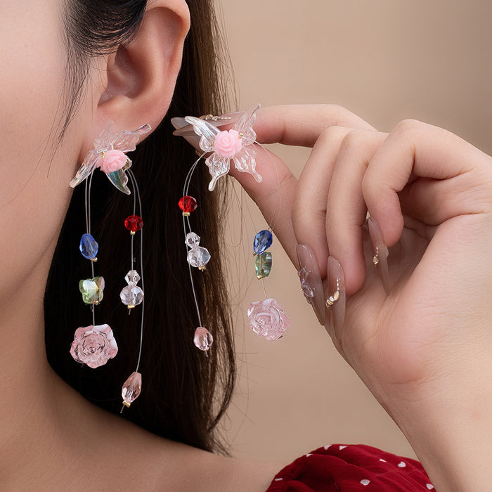 Colorful Butterfly Flower Bead Extra Long Hoop Earrings