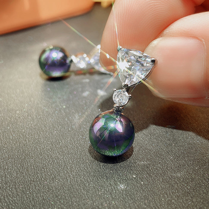 Silver Triangle Clear Stone Peacock Pearl Drop Earrings