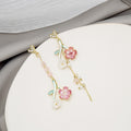 Pink Flower Branch and Chain Asymmetrical Stud Earrings view 3