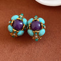 Turquoise Floral Crystal Stud Earrings with Polished Metal Tone Details view 7